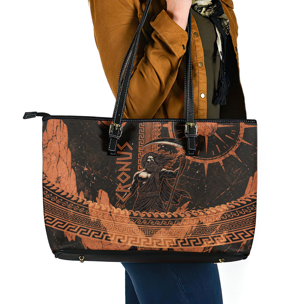 Cronus Lord Of Golden Age Leather Tote Bag Titan King Cronus Scythe Greek Key Art