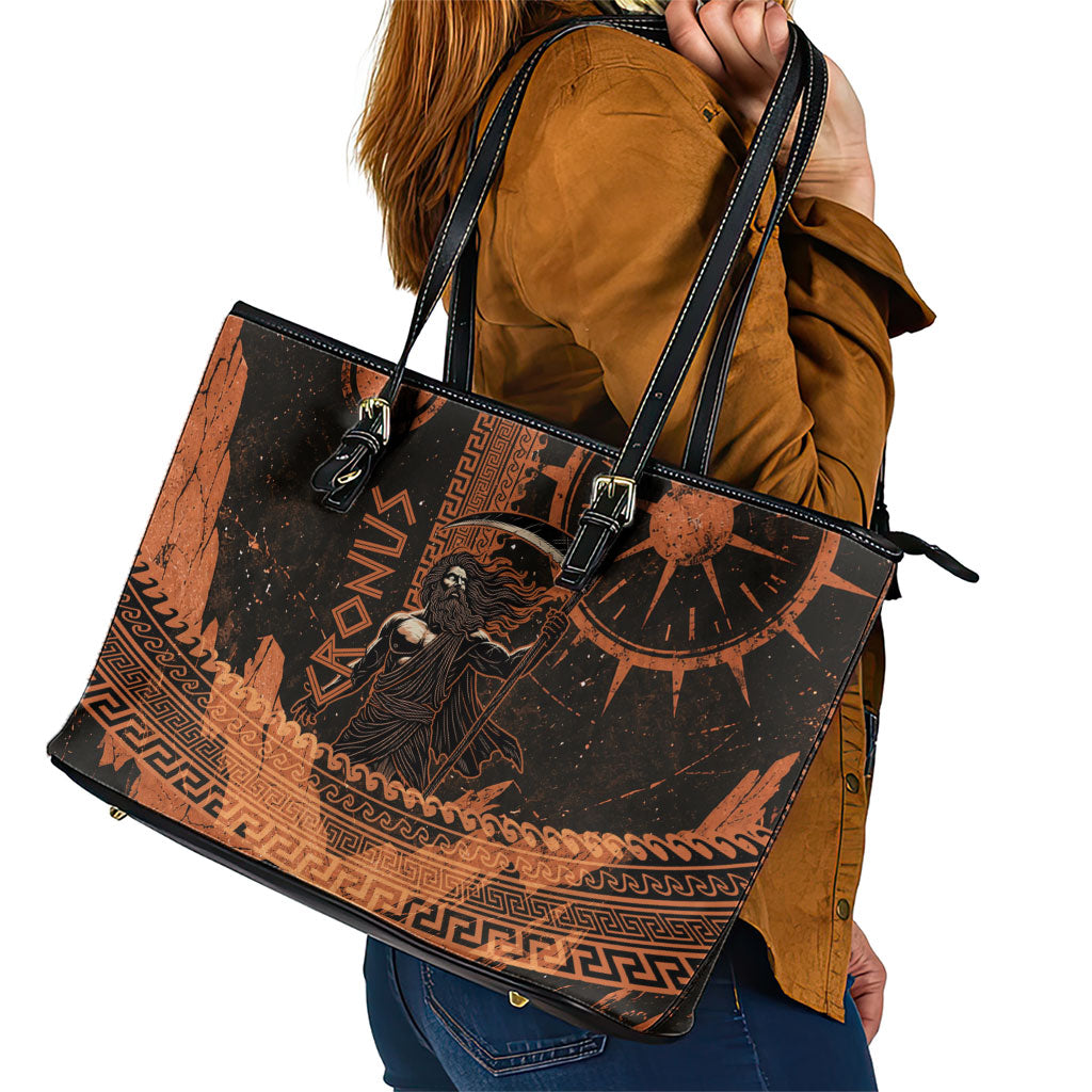 Cronus Lord Of Golden Age Leather Tote Bag Titan King Cronus Scythe Greek Key Art