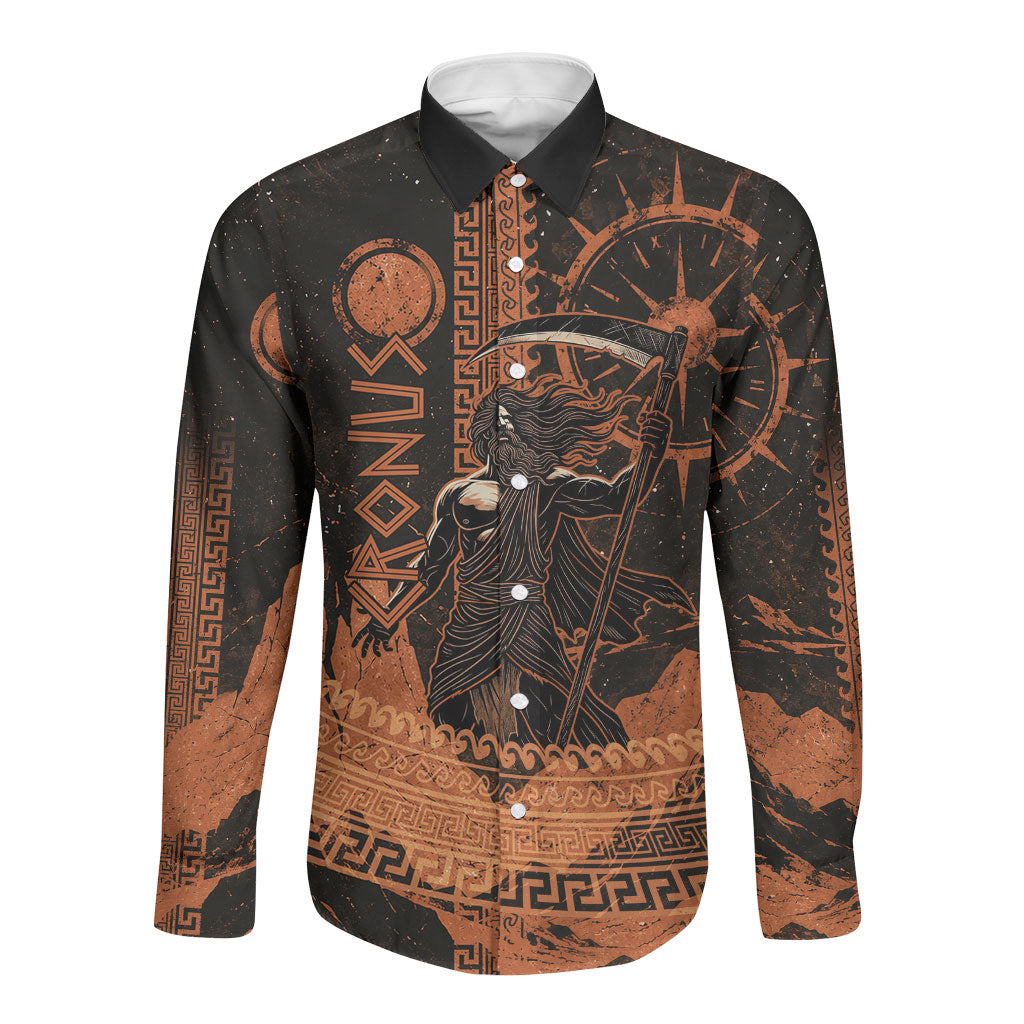 Cronus Lord Of Golden Age Long Sleeve Button Shirt Titan King Cronus Scythe Greek Key Art