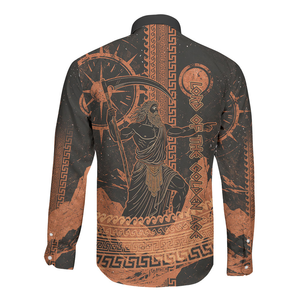 Cronus Lord Of Golden Age Long Sleeve Button Shirt Titan King Cronus Scythe Greek Key Art