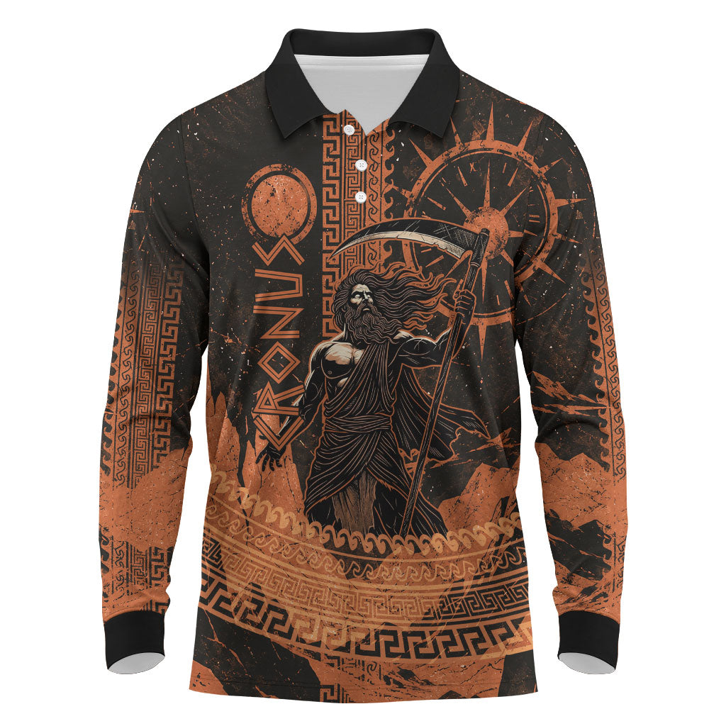 Cronus Lord Of Golden Age Long Sleeve Polo Shirt Titan King Cronus Scythe Greek Key Art