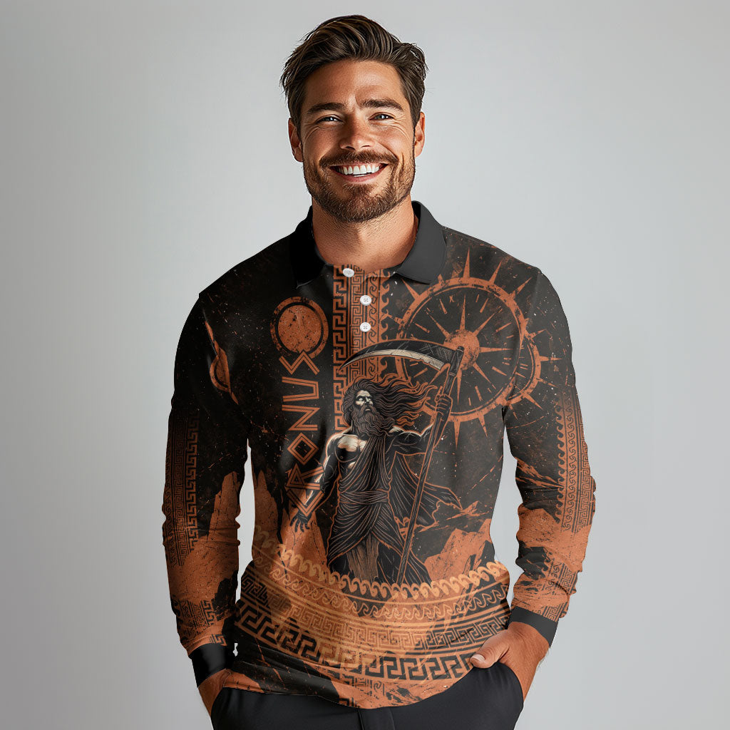 Cronus Lord Of Golden Age Long Sleeve Polo Shirt Titan King Cronus Scythe Greek Key Art