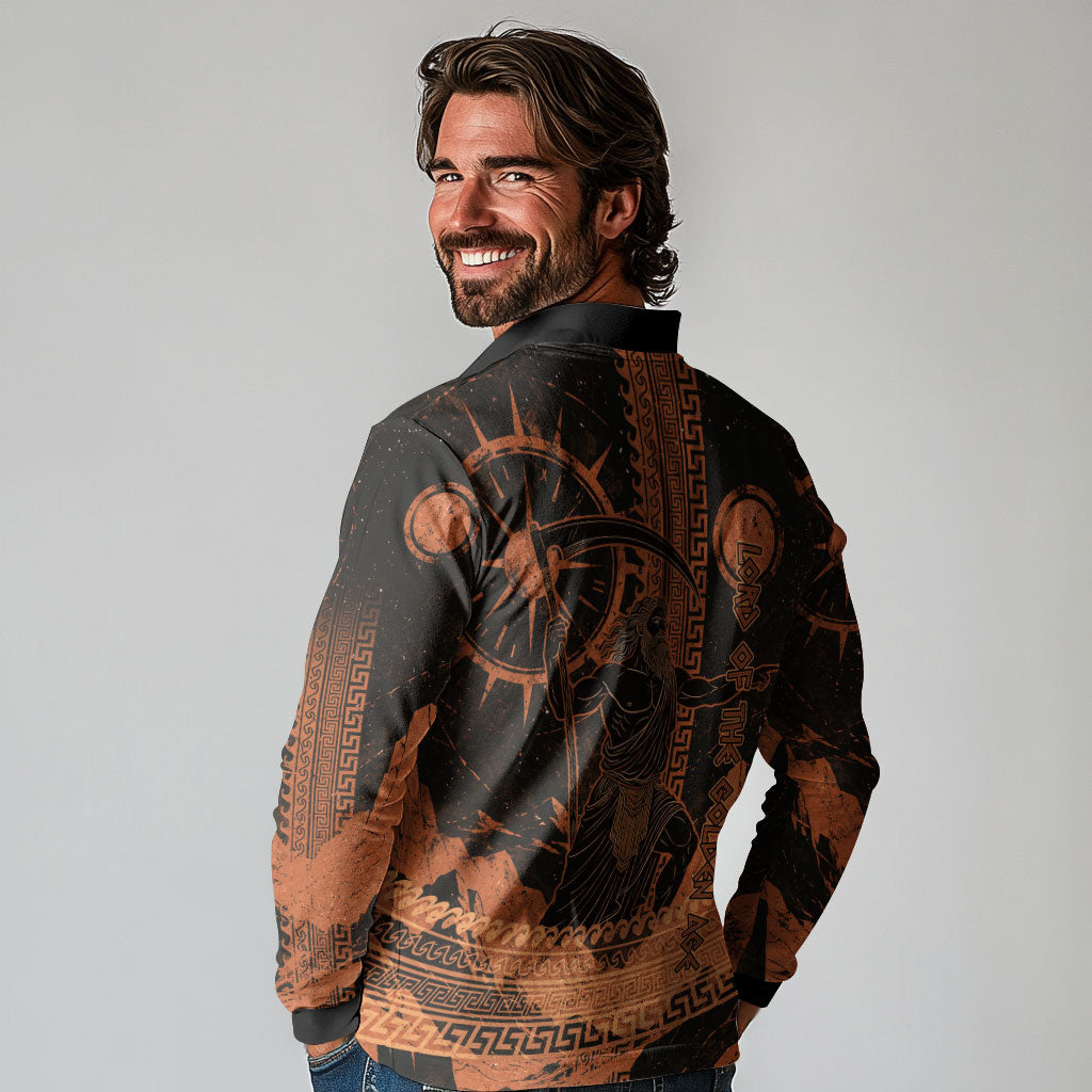 Cronus Lord Of Golden Age Long Sleeve Polo Shirt Titan King Cronus Scythe Greek Key Art