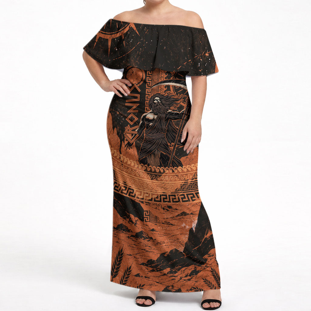 Cronus Lord Of Golden Age Off Shoulder Maxi Dress Titan King Cronus Scythe Greek Key Art