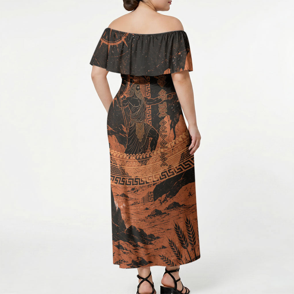 Cronus Lord Of Golden Age Off Shoulder Maxi Dress Titan King Cronus Scythe Greek Key Art