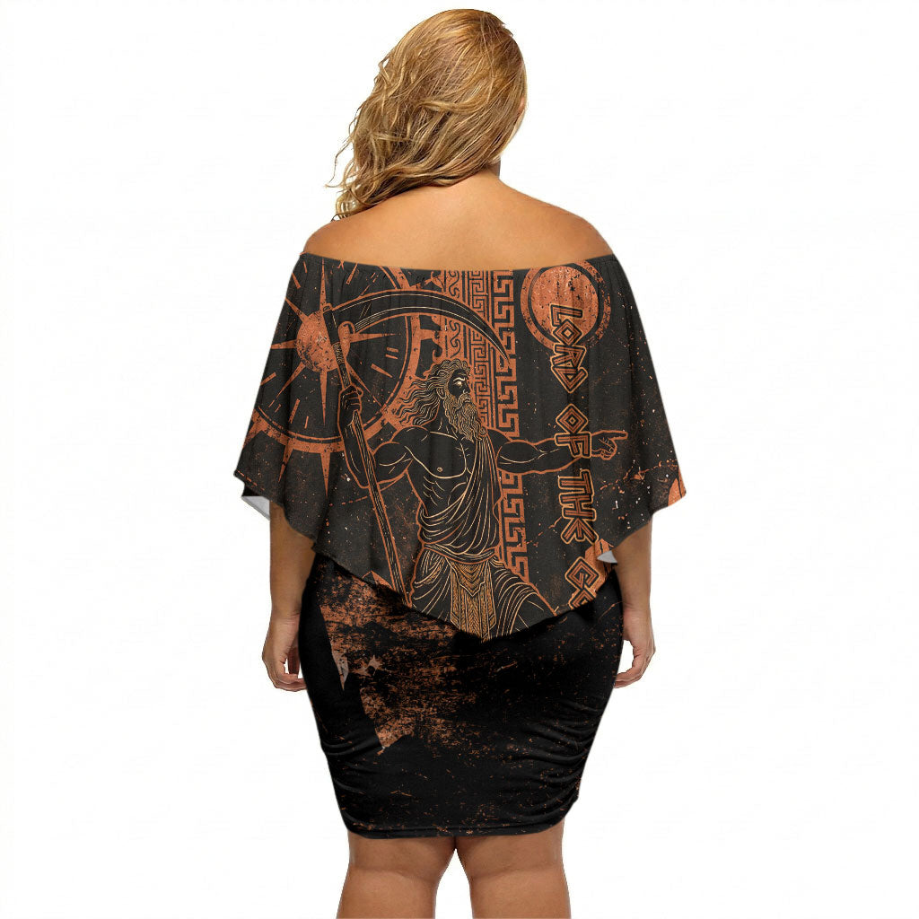Cronus Lord Of Golden Age Off Shoulder Short Dress Titan King Cronus Scythe Greek Key Art