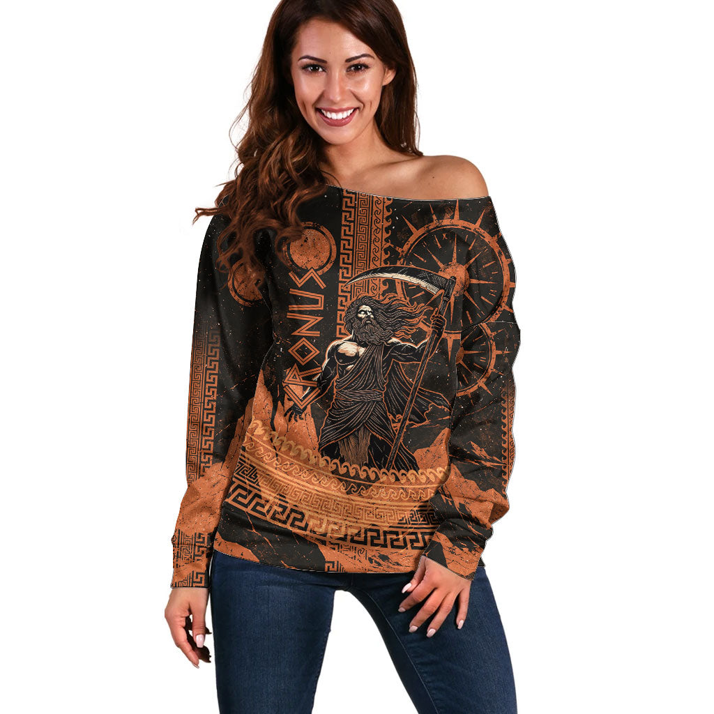 Cronus Lord Of Golden Age Off Shoulder Sweater Titan King Cronus Scythe Greek Key Art