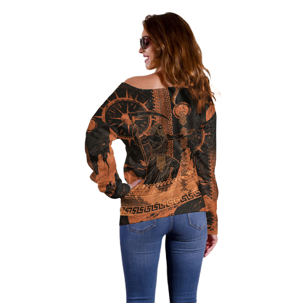 Cronus Lord Of Golden Age Off Shoulder Sweater Titan King Cronus Scythe Greek Key Art