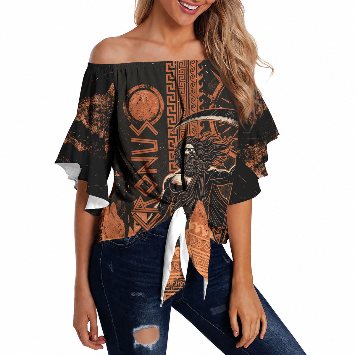 Cronus Lord Of Golden Age Off Shoulder Wrap Waist Top Titan King Cronus Scythe Greek Key Art