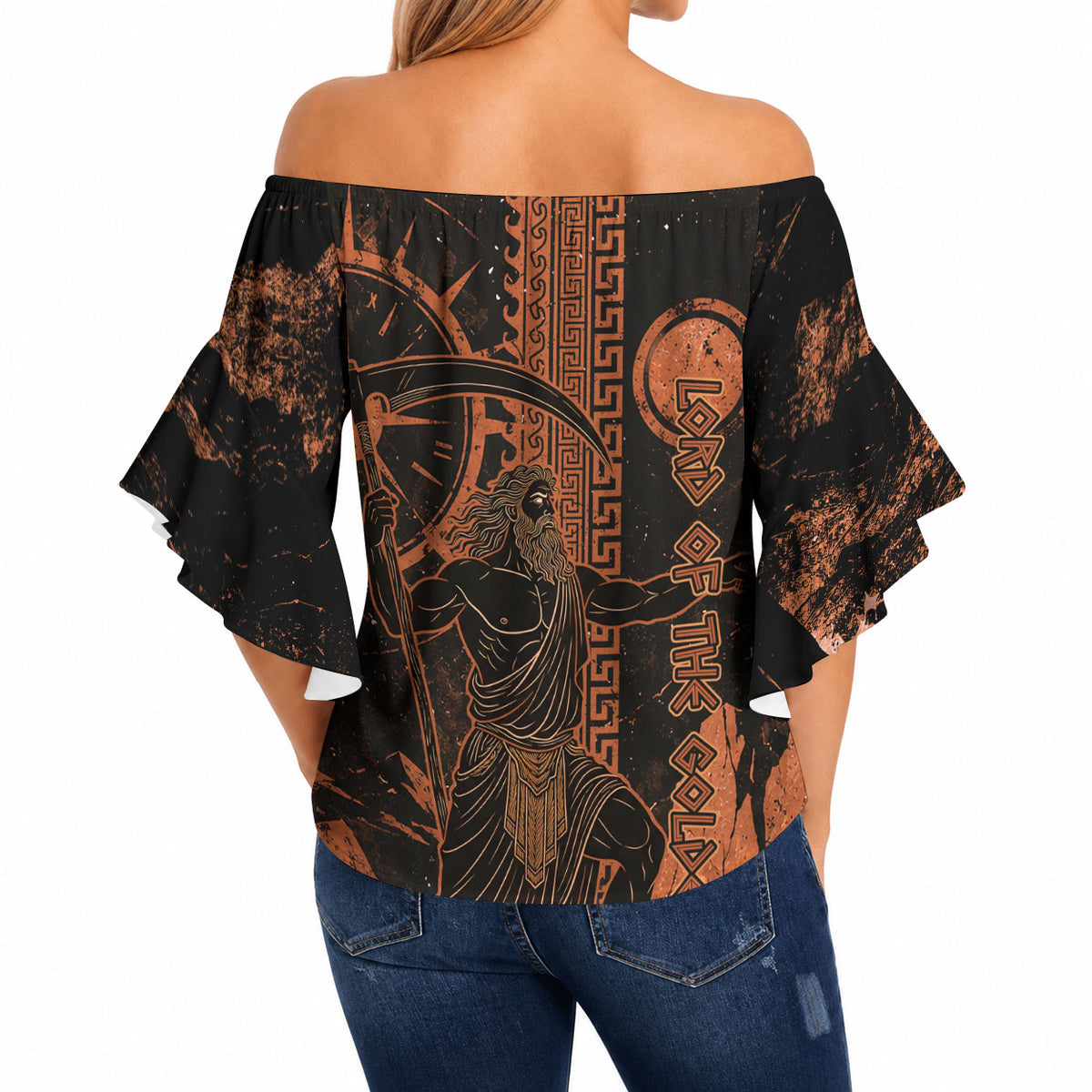 Cronus Lord Of Golden Age Off Shoulder Wrap Waist Top Titan King Cronus Scythe Greek Key Art