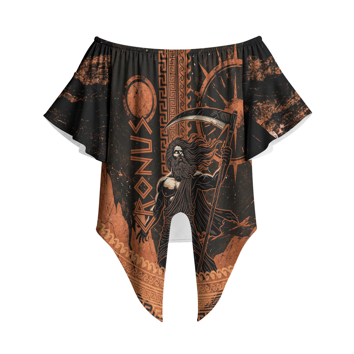Cronus Lord Of Golden Age Off Shoulder Wrap Waist Top Titan King Cronus Scythe Greek Key Art