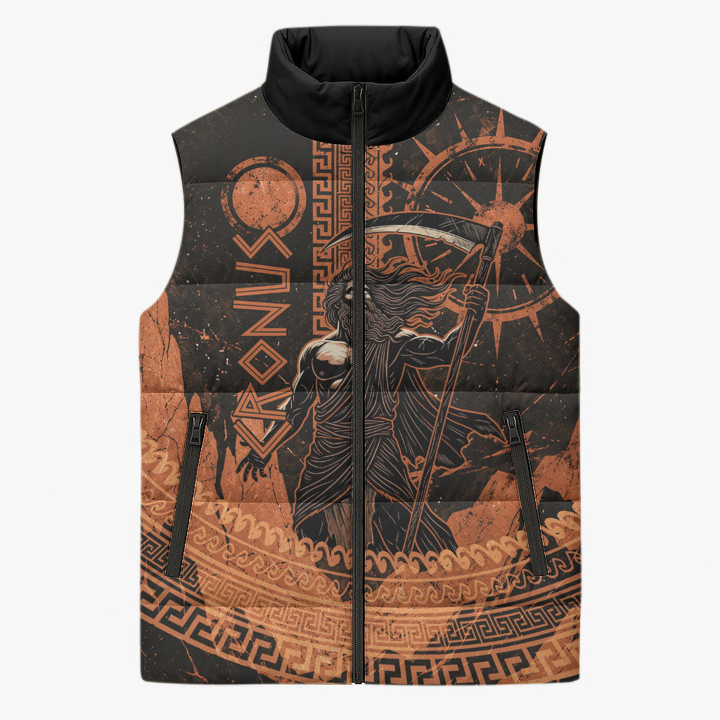 Cronus Lord Of Golden Age Sleeveless Puffer Jacket Titan King Cronus Scythe Greek Key Art