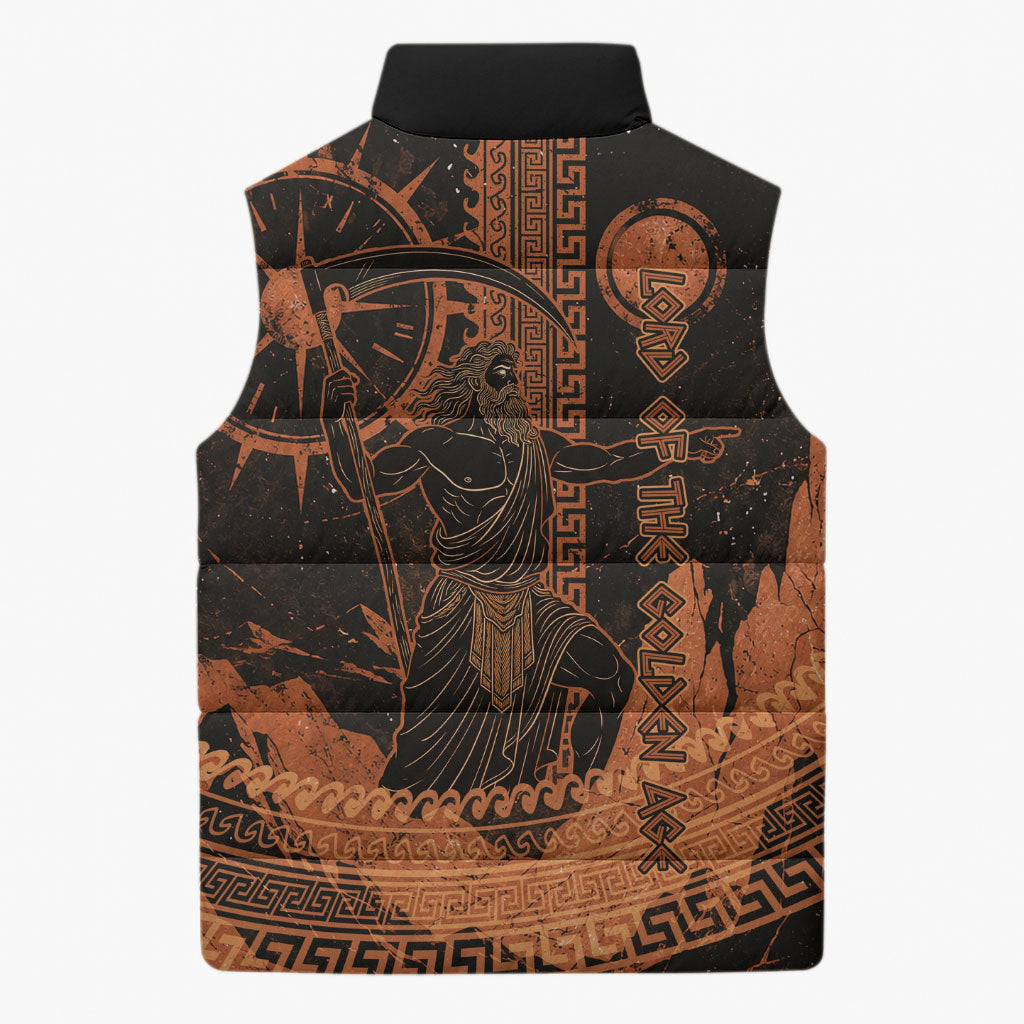 Cronus Lord Of Golden Age Sleeveless Puffer Jacket Titan King Cronus Scythe Greek Key Art