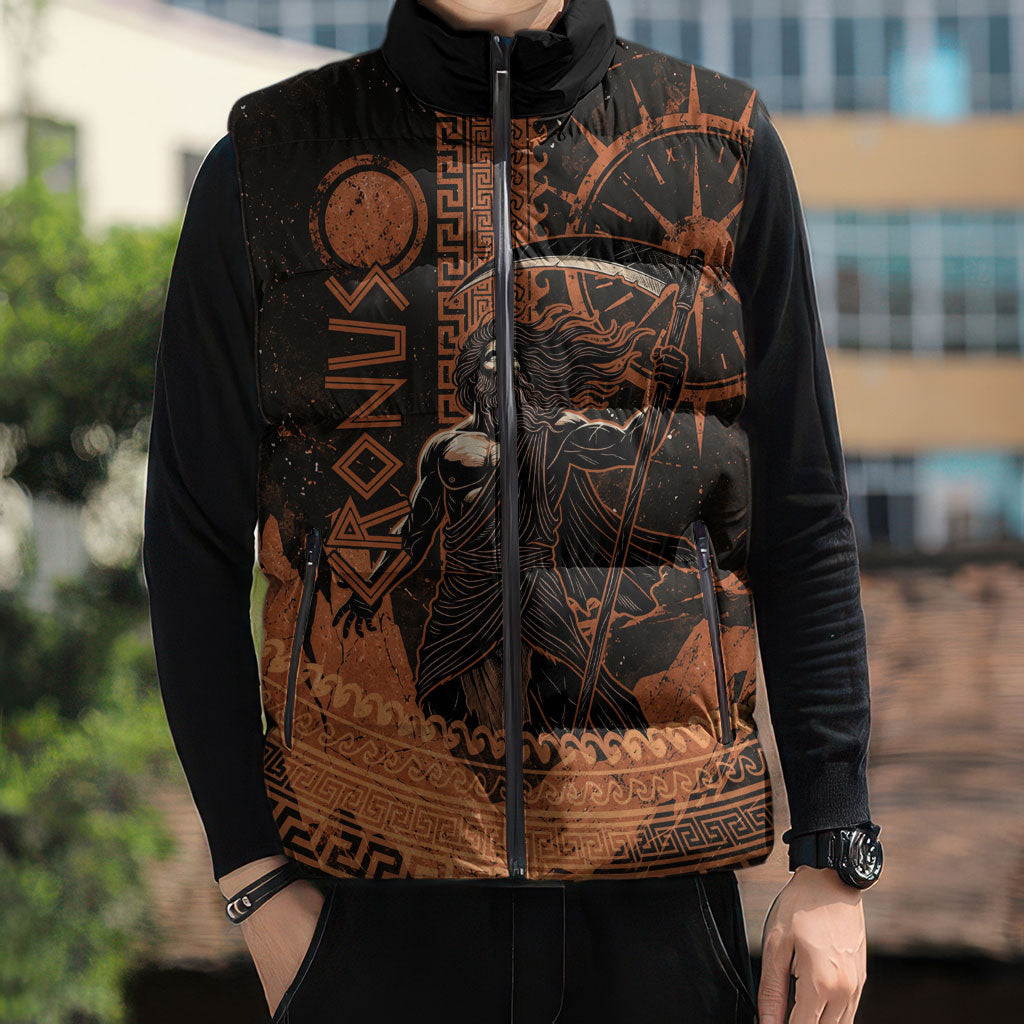 Cronus Lord Of Golden Age Sleeveless Puffer Jacket Titan King Cronus Scythe Greek Key Art