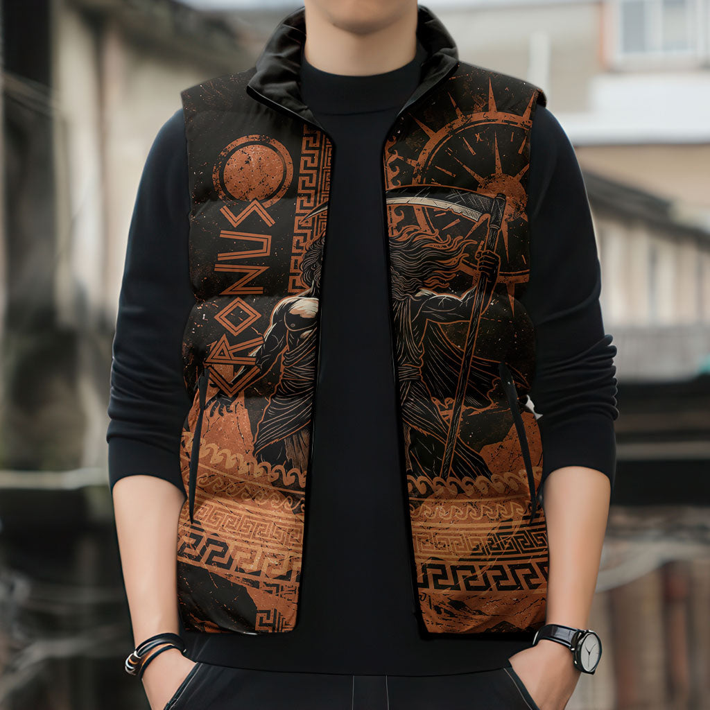 Cronus Lord Of Golden Age Sleeveless Puffer Jacket Titan King Cronus Scythe Greek Key Art