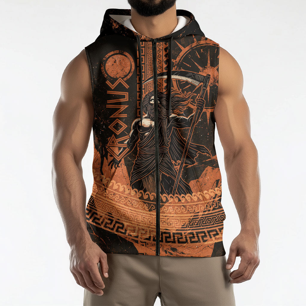 Cronus Lord Of Golden Age Sleeveless Zip Hoodie Titan King Cronus Scythe Greek Key Art