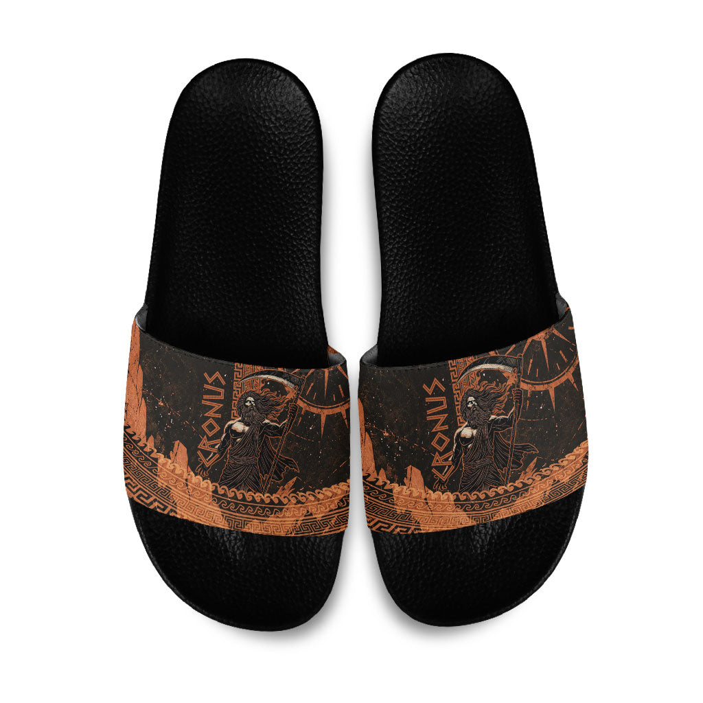 Cronus Lord Of Golden Age Slide Sandals Titan King Cronus Scythe Greek Key Art