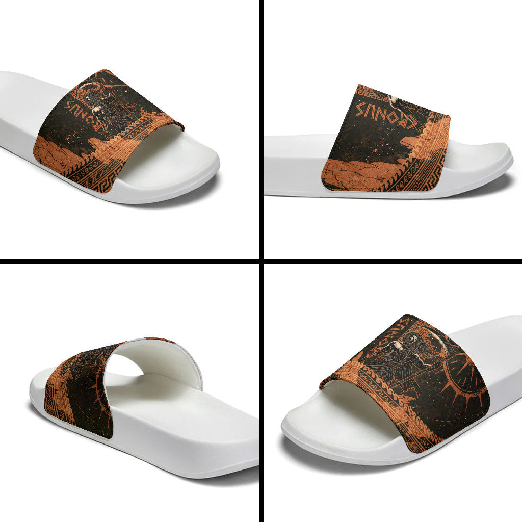 Cronus Lord Of Golden Age Slide Sandals Titan King Cronus Scythe Greek Key Art