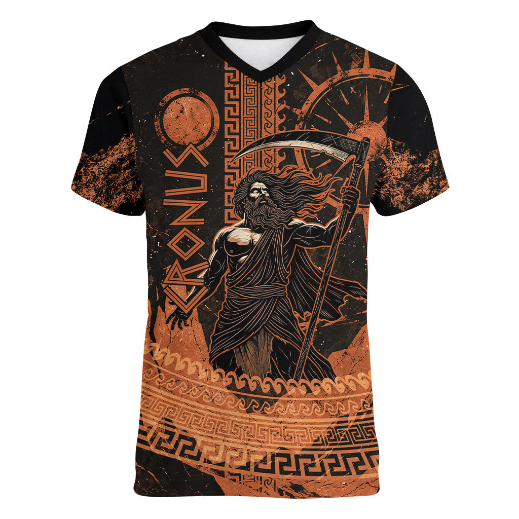 Cronus Lord Of Golden Age Women V-Neck T-Shirt Titan King Cronus Scythe Greek Key Art