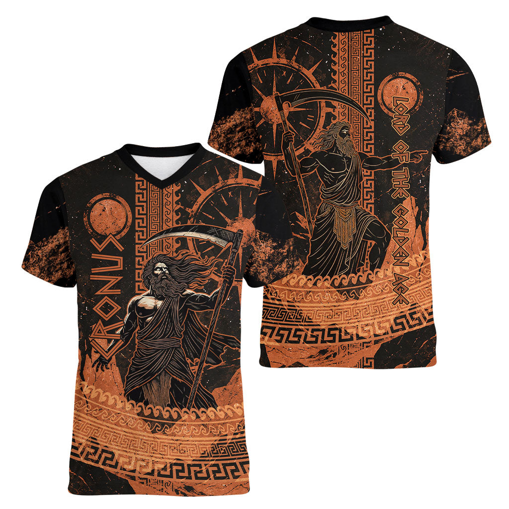 Cronus Lord Of Golden Age Women V-Neck T-Shirt Titan King Cronus Scythe Greek Key Art