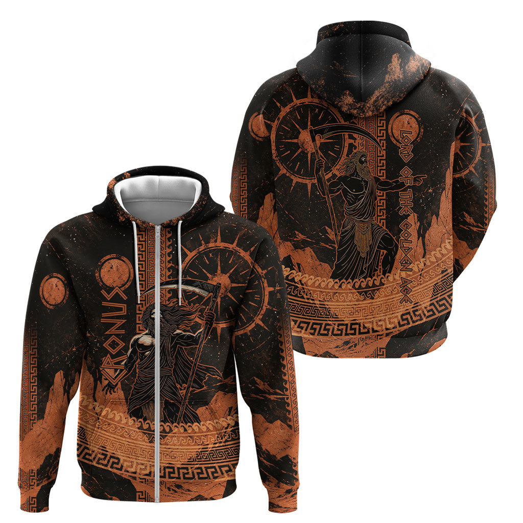 Cronus Lord Of Golden Age Zip Hoodie Titan King Cronus Scythe Greek Key Art