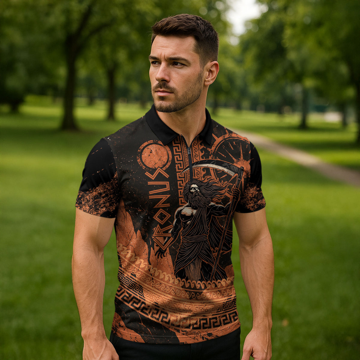 Cronus Lord Of Golden Age Zipper Polo Shirt Titan King Cronus Scythe Greek Key Art