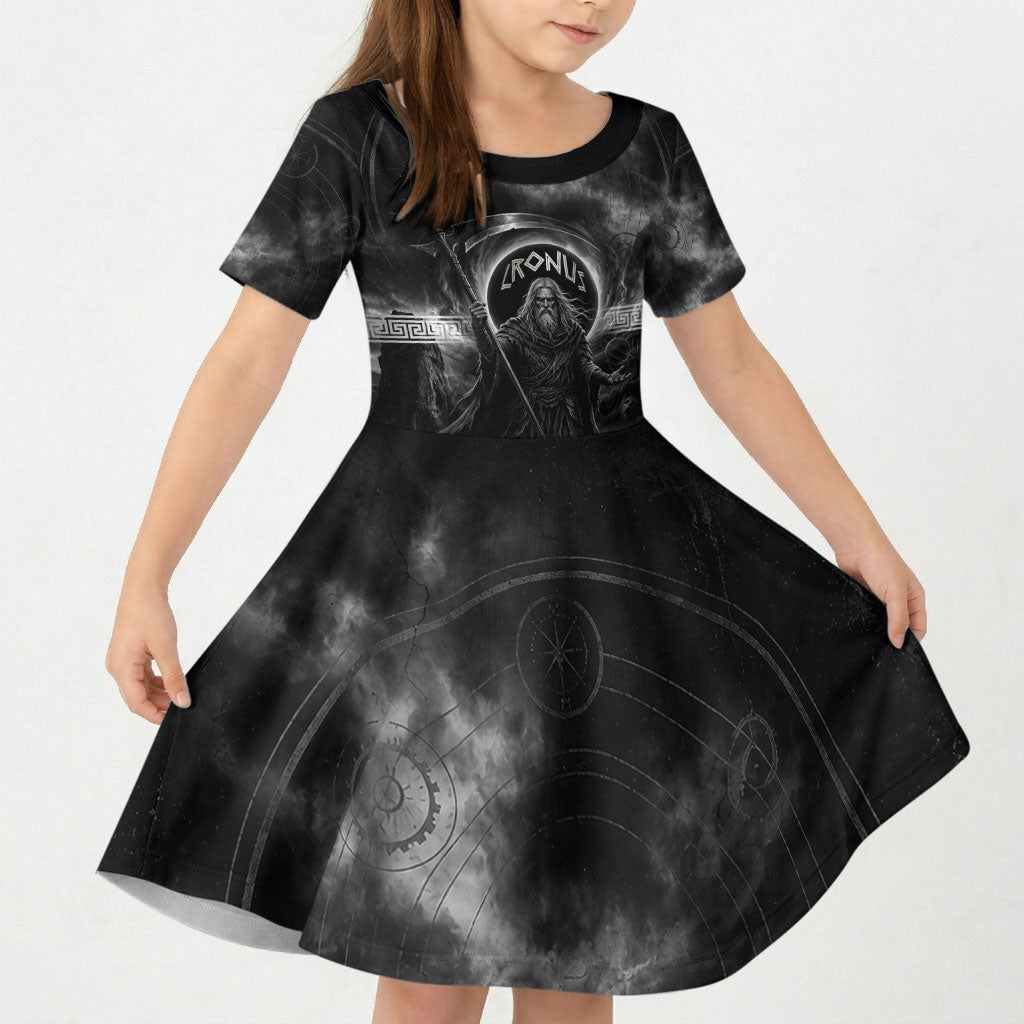 Cronus Father Of Gods Greek Kid Short Sleeve Dress Titan Leader Cronus Scythe Greek Key Art