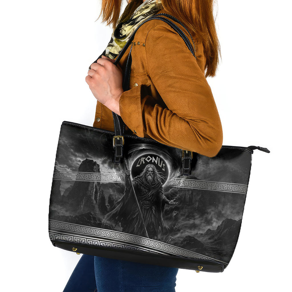 Cronus Father Of Gods Greek Leather Tote Bag Titan Leader Cronus Scythe Greek Key Art