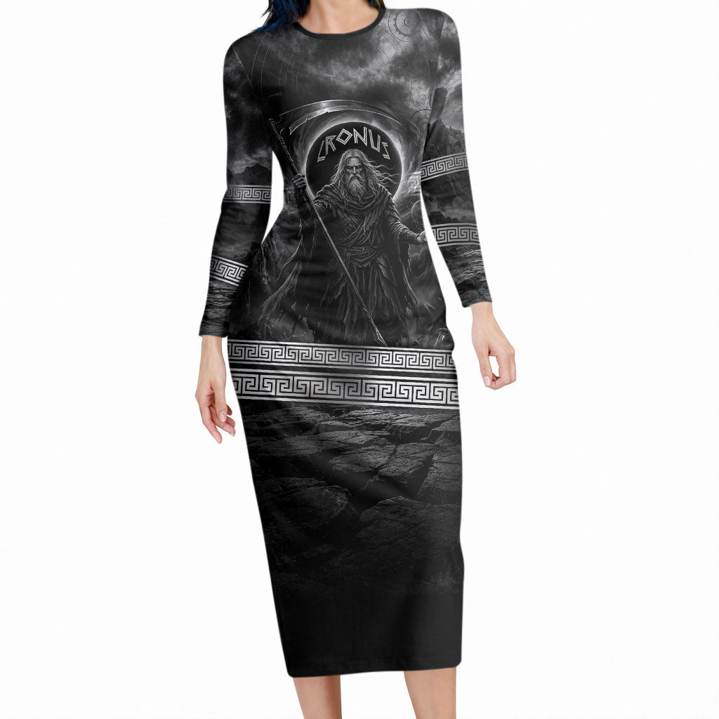 Cronus Father Of Gods Greek Long Sleeve Bodycon Dress Titan Leader Cronus Scythe Greek Key Art