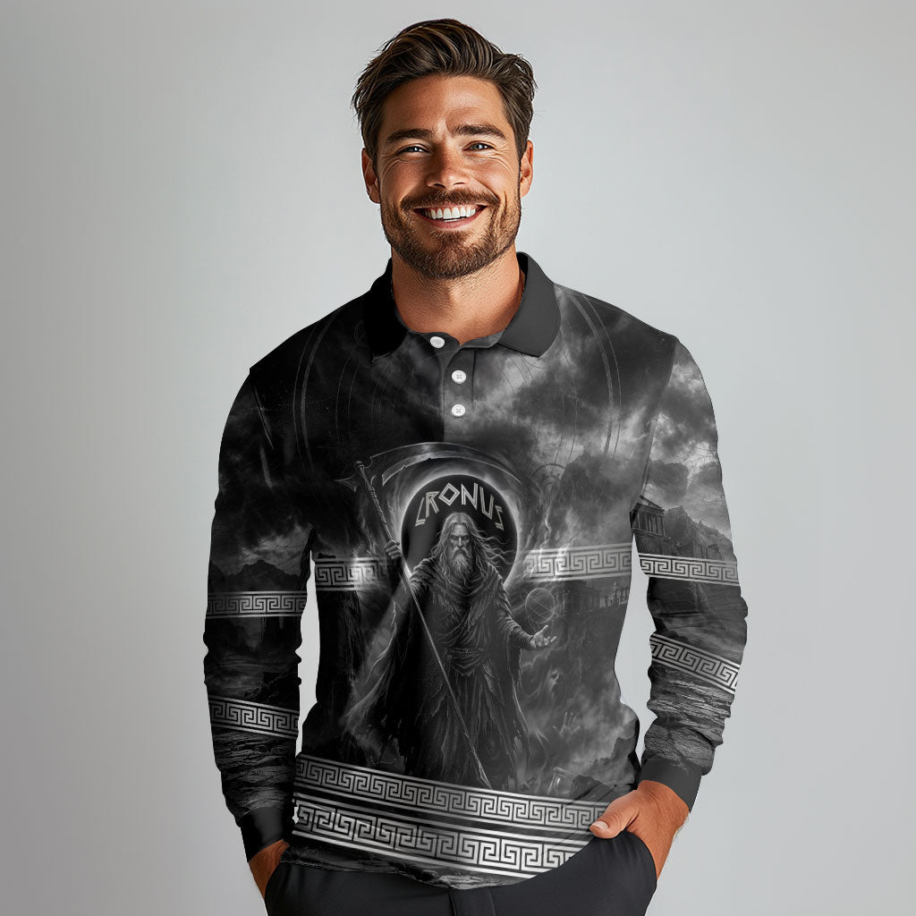 Cronus Father Of Gods Greek Long Sleeve Polo Shirt Titan Leader Cronus Scythe Greek Key Art