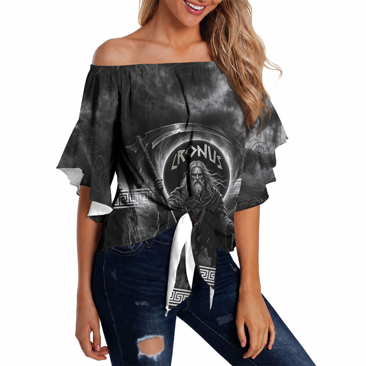 Cronus Father Of Gods Greek Off Shoulder Wrap Waist Top Titan Leader Cronus Scythe Greek Key Art