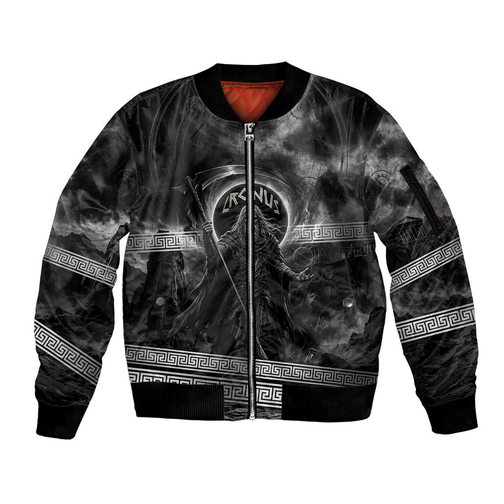 Cronus Father Of Gods Greek Sleeve Zip Bomber Jacket Titan Leader Cronus Scythe Greek Key Art