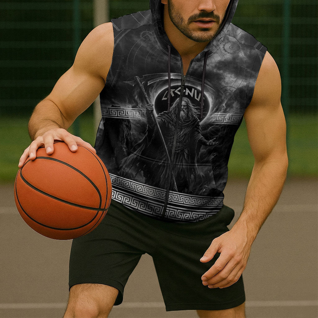 Cronus Father Of Gods Greek Sleeveless Zip Hoodie Titan Leader Cronus Scythe Greek Key Art