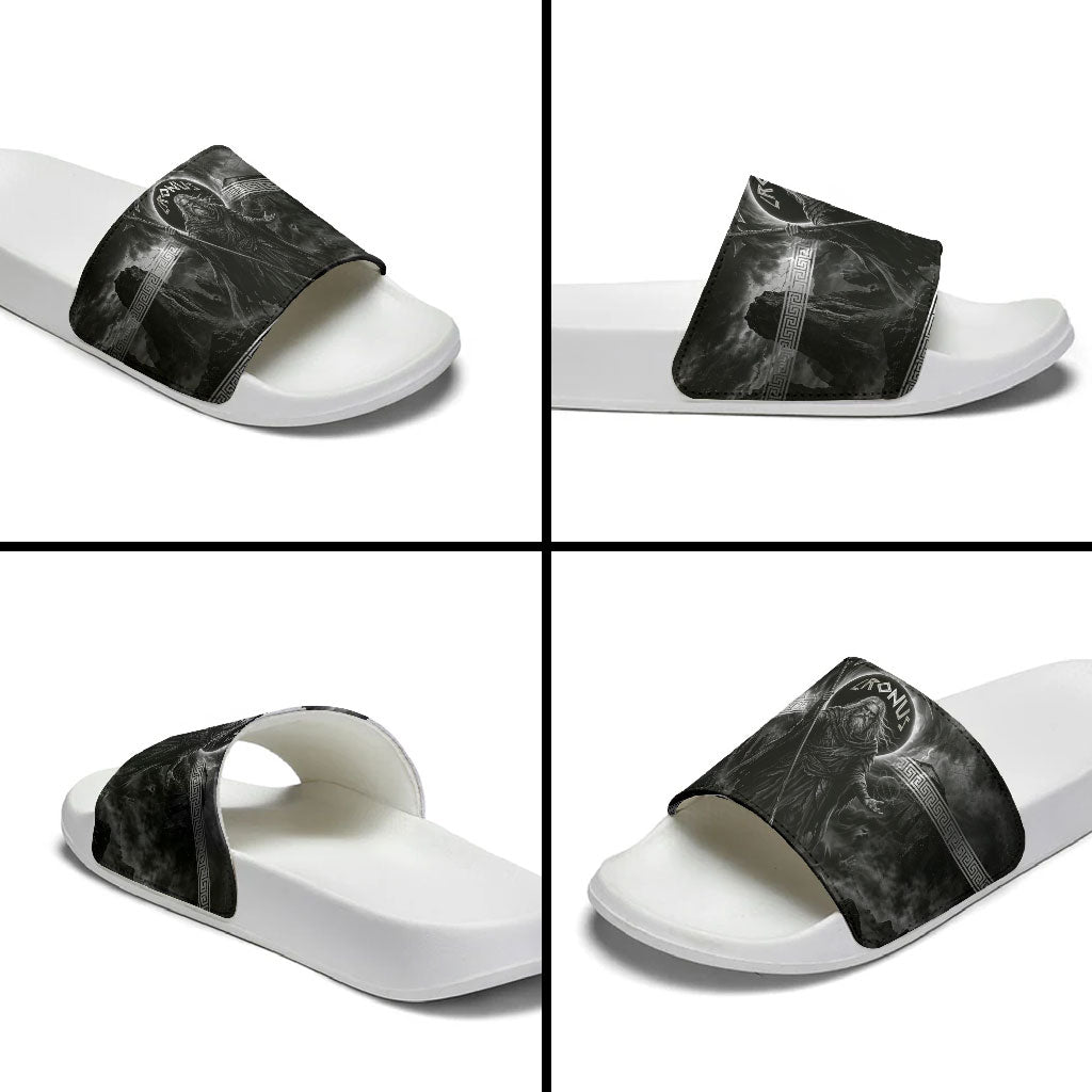 Cronus Father Of Gods Greek Slide Sandals Titan Leader Cronus Scythe Greek Key Art