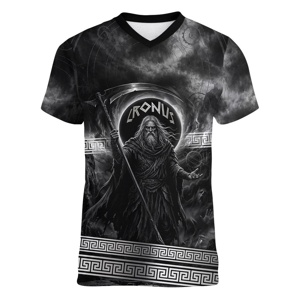 Cronus Father Of Gods Greek Women V-Neck T-Shirt Titan Leader Cronus Scythe Greek Key Art