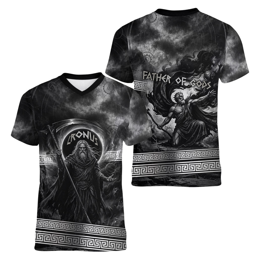 Cronus Father Of Gods Greek Women V-Neck T-Shirt Titan Leader Cronus Scythe Greek Key Art