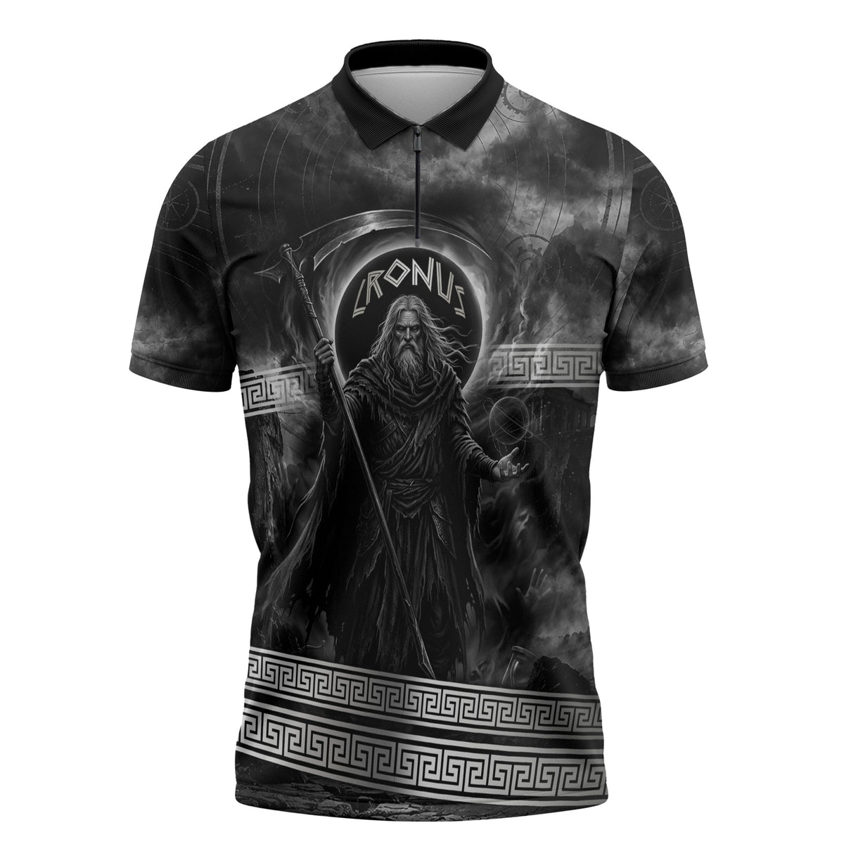 Cronus Father Of Gods Greek Zipper Polo Shirt Titan Leader Cronus Scythe Greek Key Art