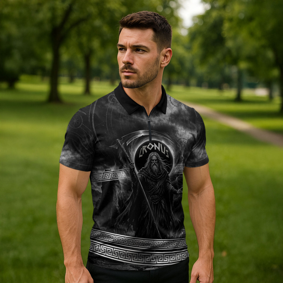 Cronus Father Of Gods Greek Zipper Polo Shirt Titan Leader Cronus Scythe Greek Key Art