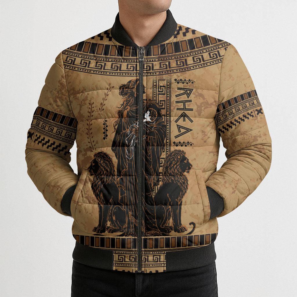Rhea Mother Who Defied Destiny Bomber Puffer Jacket Titaness Rhea Lions Greek Key Pottery Art