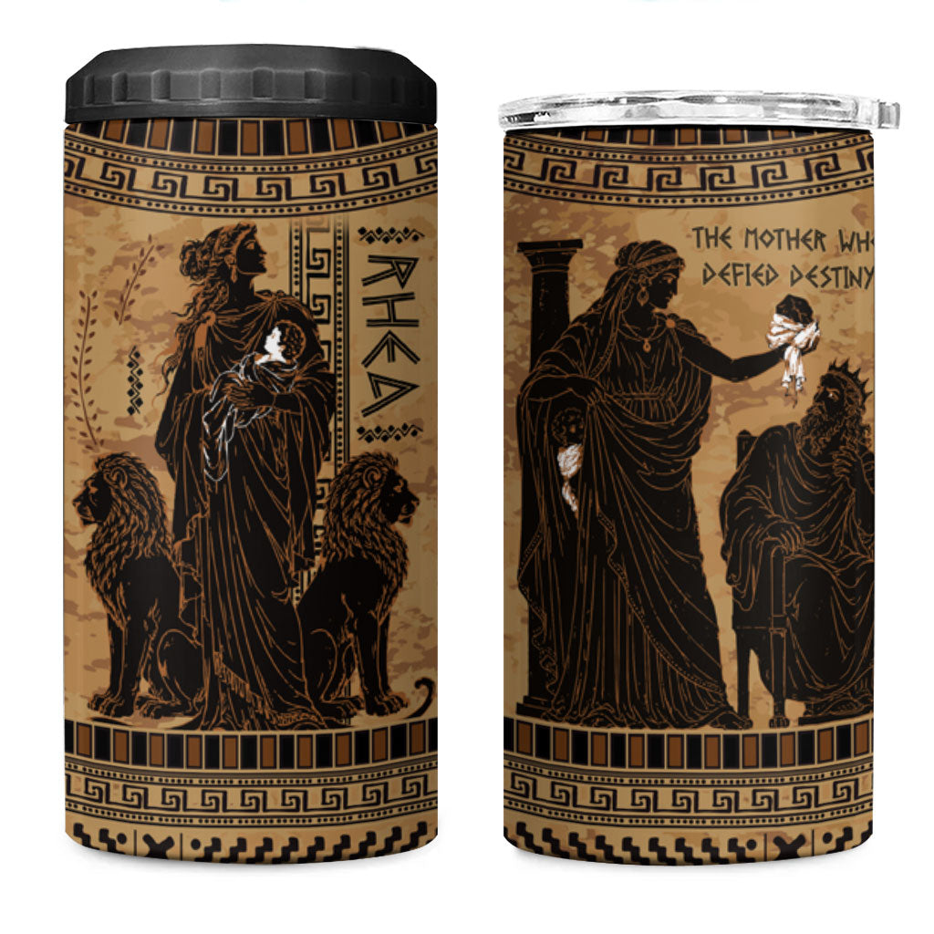 Rhea Mother Who Defied Destiny 4 in 1 Can Cooler Tumbler Titaness Rhea Lions Greek Key Pottery Art