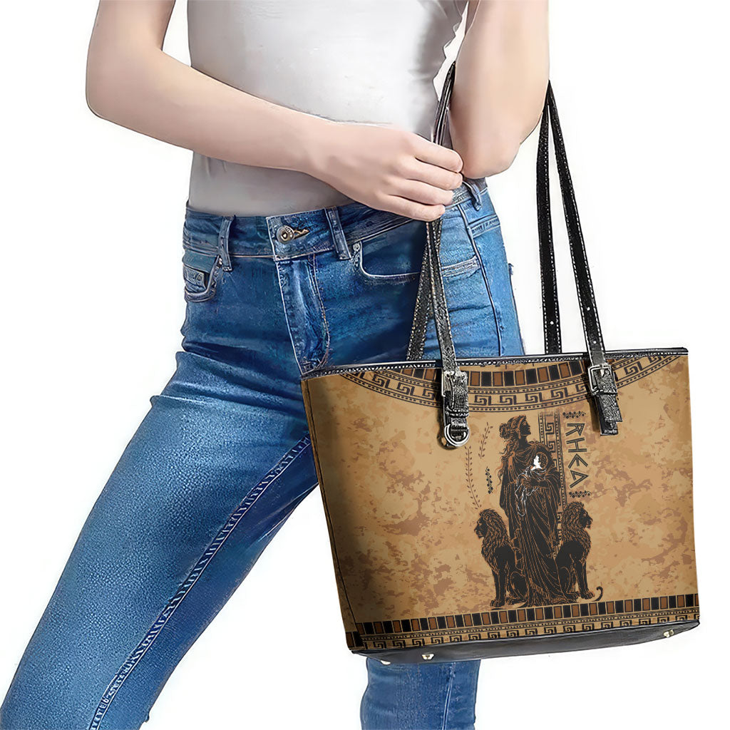 Rhea Mother Who Defied Destiny Leather Tote Bag Titaness Rhea Lions Greek Key Pottery Art