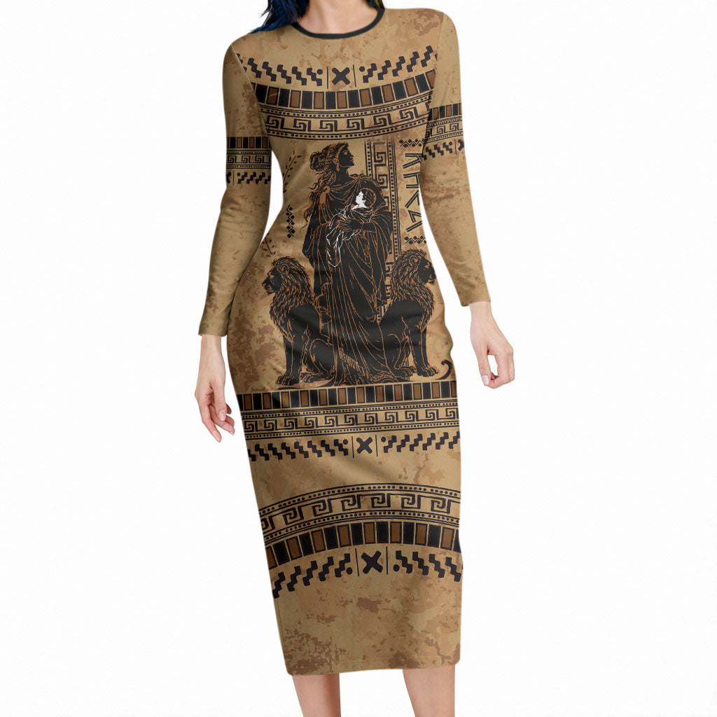 Rhea Mother Who Defied Destiny Long Sleeve Bodycon Dress Titaness Rhea Lions Greek Key Pottery Art