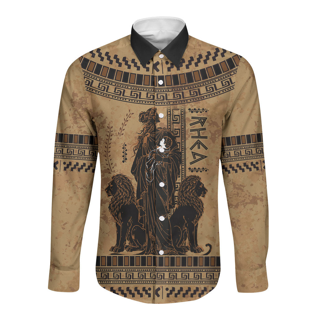 Rhea Mother Who Defied Destiny Long Sleeve Button Shirt Titaness Rhea Lions Greek Key Pottery Art