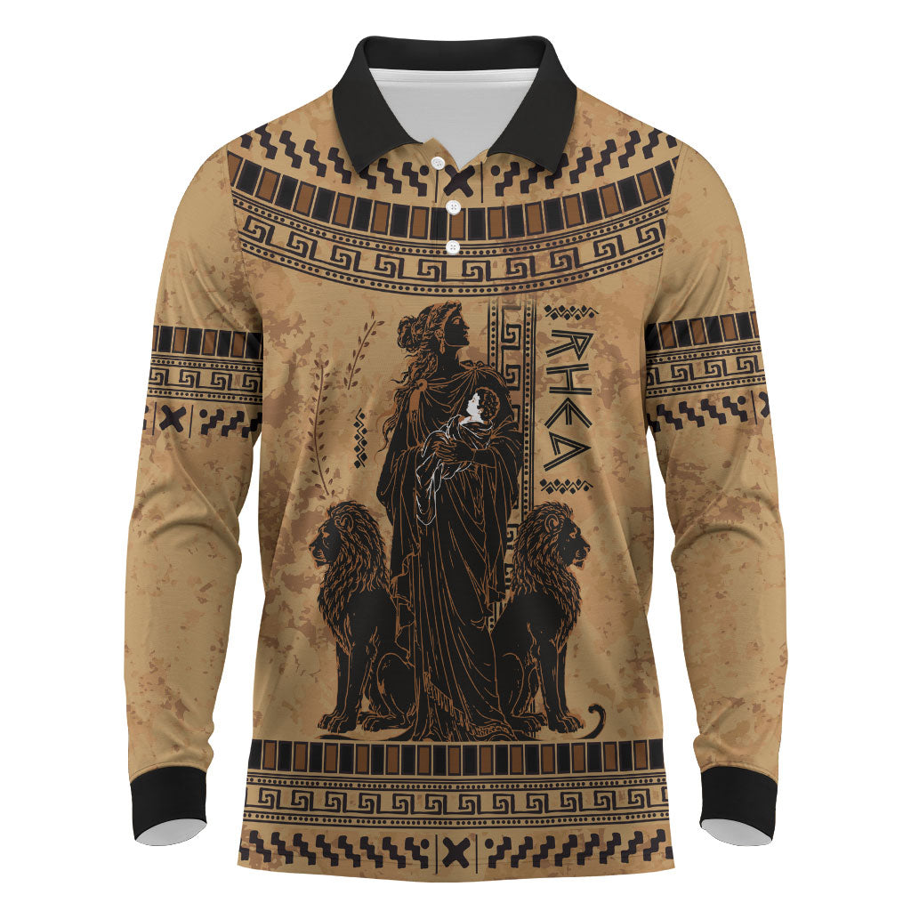 Rhea Mother Who Defied Destiny Long Sleeve Polo Shirt Titaness Rhea Lions Greek Key Pottery Art