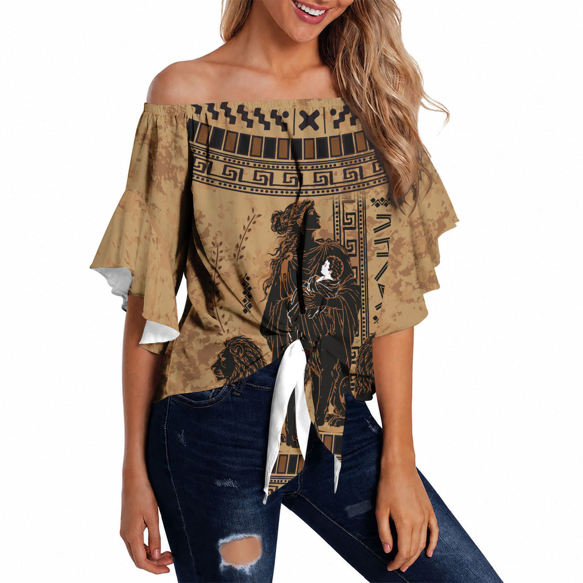 Rhea Mother Who Defied Destiny Off Shoulder Wrap Waist Top Titaness Rhea Lions Greek Key Pottery Art