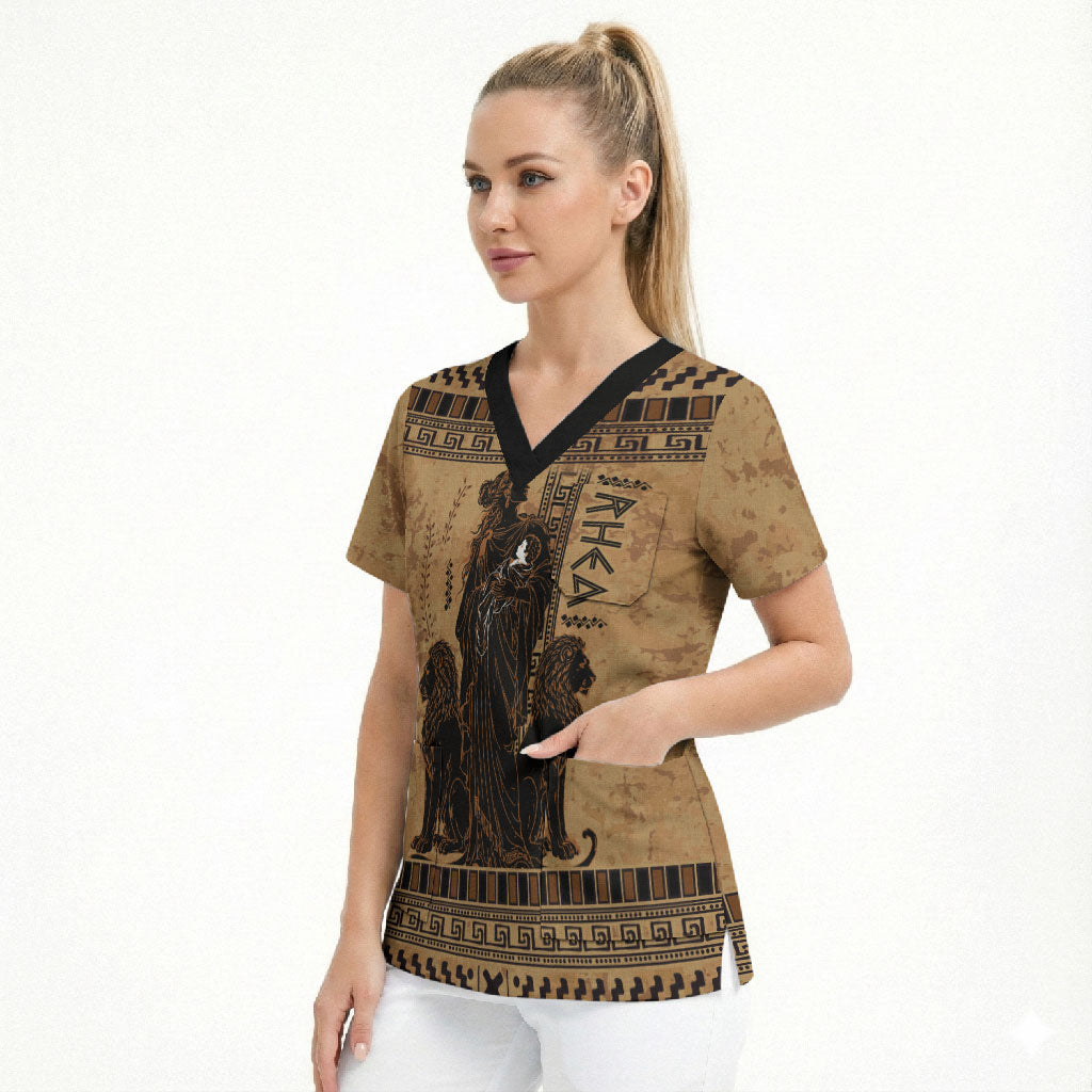 Rhea Mother Who Defied Destiny Scrub Top Titaness Rhea Lions Greek Key Pottery Art