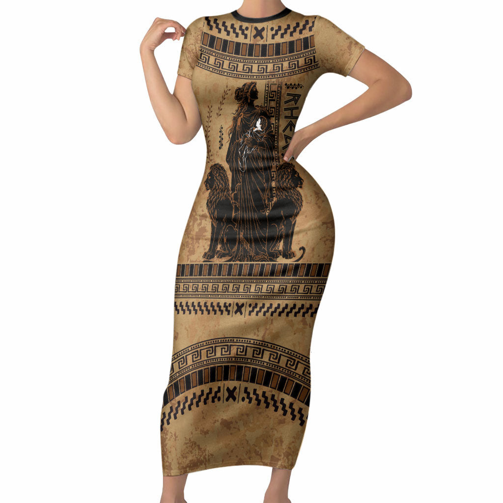Rhea Mother Who Defied Destiny Short Sleeve Bodycon Dress Titaness Rhea Lions Greek Key Pottery Art