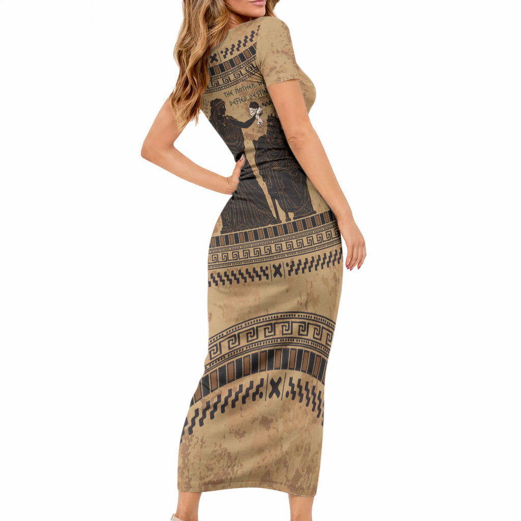 Rhea Mother Who Defied Destiny Short Sleeve Bodycon Dress Titaness Rhea Lions Greek Key Pottery Art