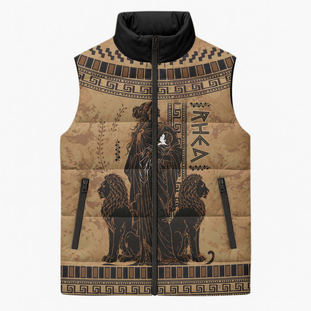 Rhea Mother Who Defied Destiny Sleeveless Puffer Jacket Titaness Rhea Lions Greek Key Pottery Art