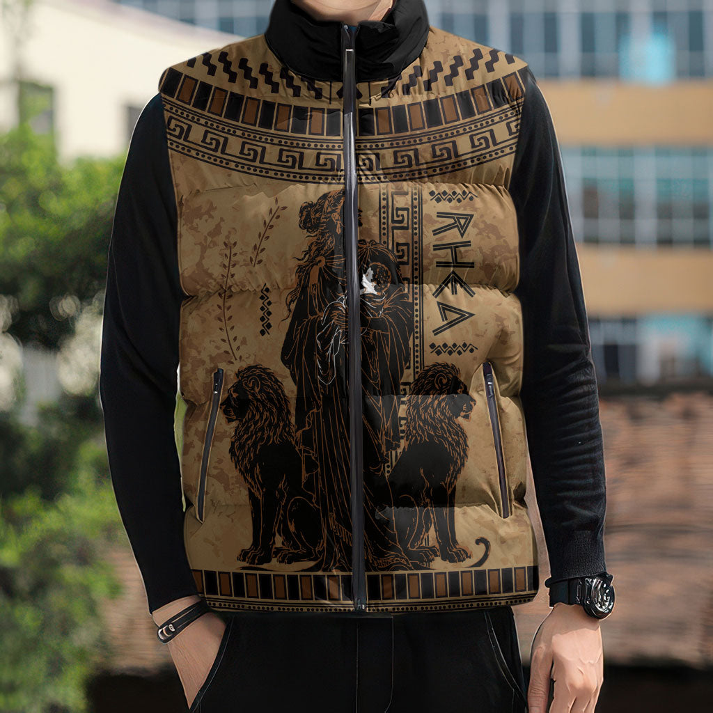 Rhea Mother Who Defied Destiny Sleeveless Puffer Jacket Titaness Rhea Lions Greek Key Pottery Art